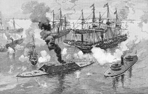 Rendição do &39;Tennessee&39;, Batalha de Mobile Bay, ilustração de &39;Batalhas e Líderes da Guerra Civil&39;, editada por Robert Underwood Johnson e Clarence Clough Buel